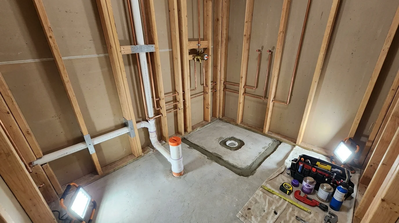 Bathroom rough-in plumbing during remodel by Johns Plumbing LLC in North Little Rock
