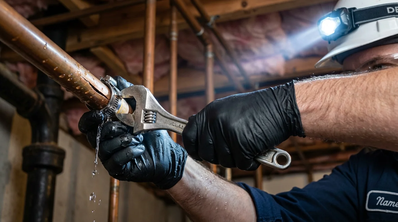 Emergency pipe clamp repair being performed by a Johns Plumbing LLC plumber in North Little Rock