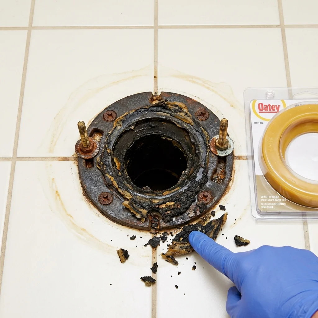 Failed wax ring showing water seepage at the base of a toilet in a North Little Rock, AR home