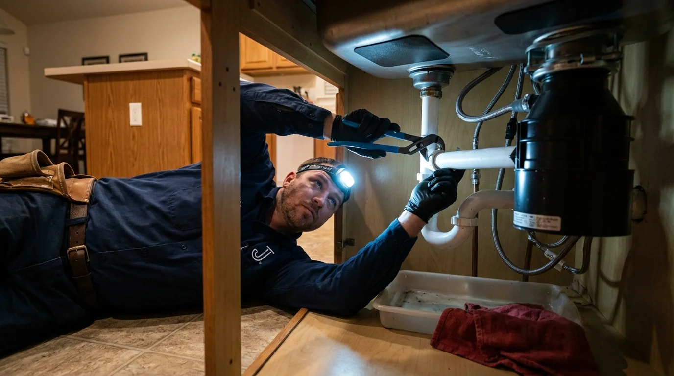 P-trap and supply line connections under a kitchen sink showing a common leak point in North Little Rock, AR